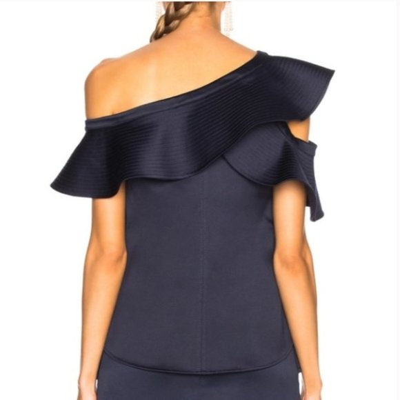 Self-Portrait royal blue off shoulder ruffled blouse in duchess satin size 6 - Picture 3 of 16